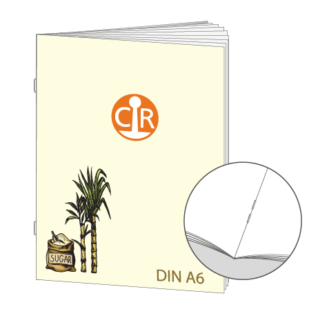 Broschüre aus Zuckerrohrpapier | DIN A6 16-Seiter | bedruckt